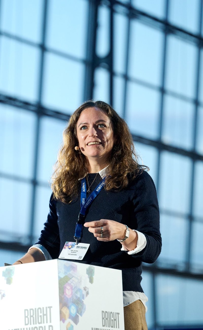 Laura Nurski speaking at the Agoria Bright New World event